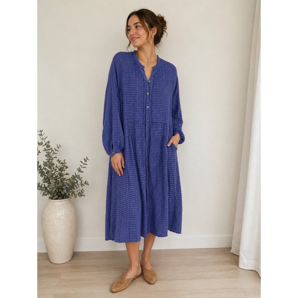 Gudrun Sjödén Womens Organic Cotton Dress L Checkered Blue Sustainable Guazy